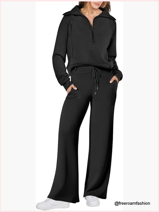 Pants - Half Zip Sweatshirt & Wide Leg Pants 2 Piece Set Loungewear Travel Outfit